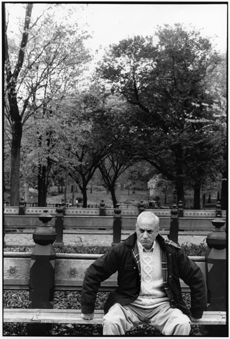 An older man sitting alone on a park bench, bare trees behind him