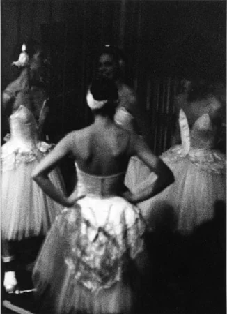 A ballerina seen from behind with her hands on her hips, surrounded by other dancers in tutus