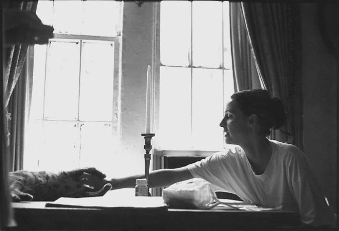 A woman at a table reaching out to stroke a cat, tall windows behind her